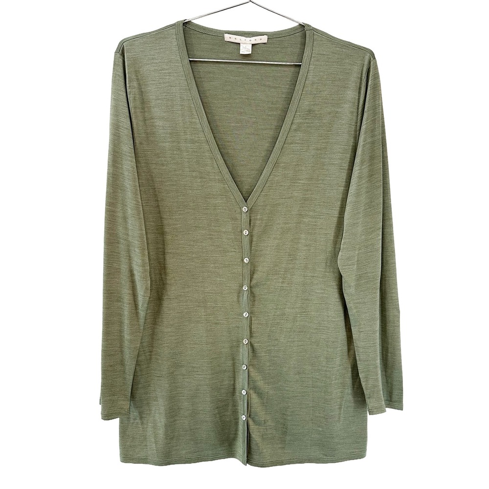 BELFORD 100% Silk Button Up V-neck Blouse • Large • green • chic minimalist